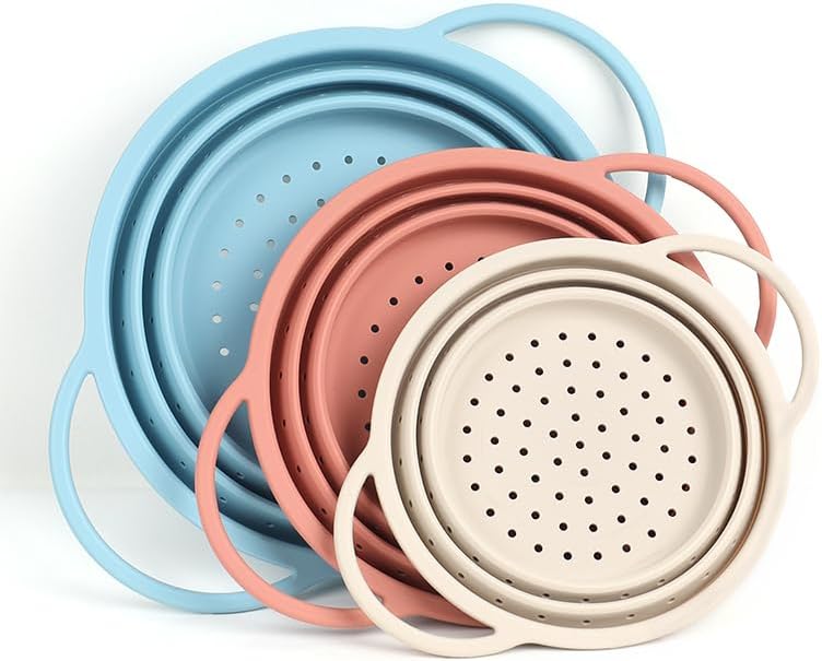 3 Pack Collapsible Silicone Colander with Stainless Steel Rim