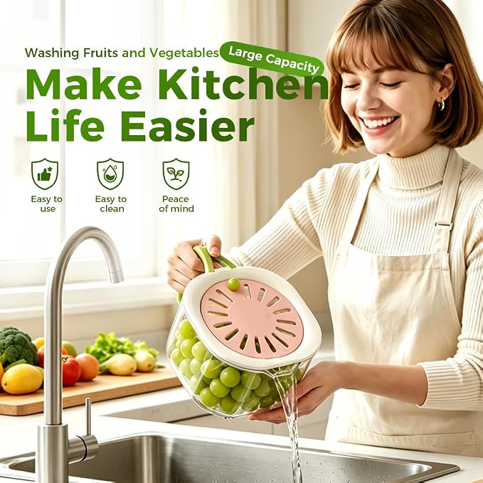 3 in 1 Fruit Washing Bowl with Switchable Lid, Colander Strainer Organizer
